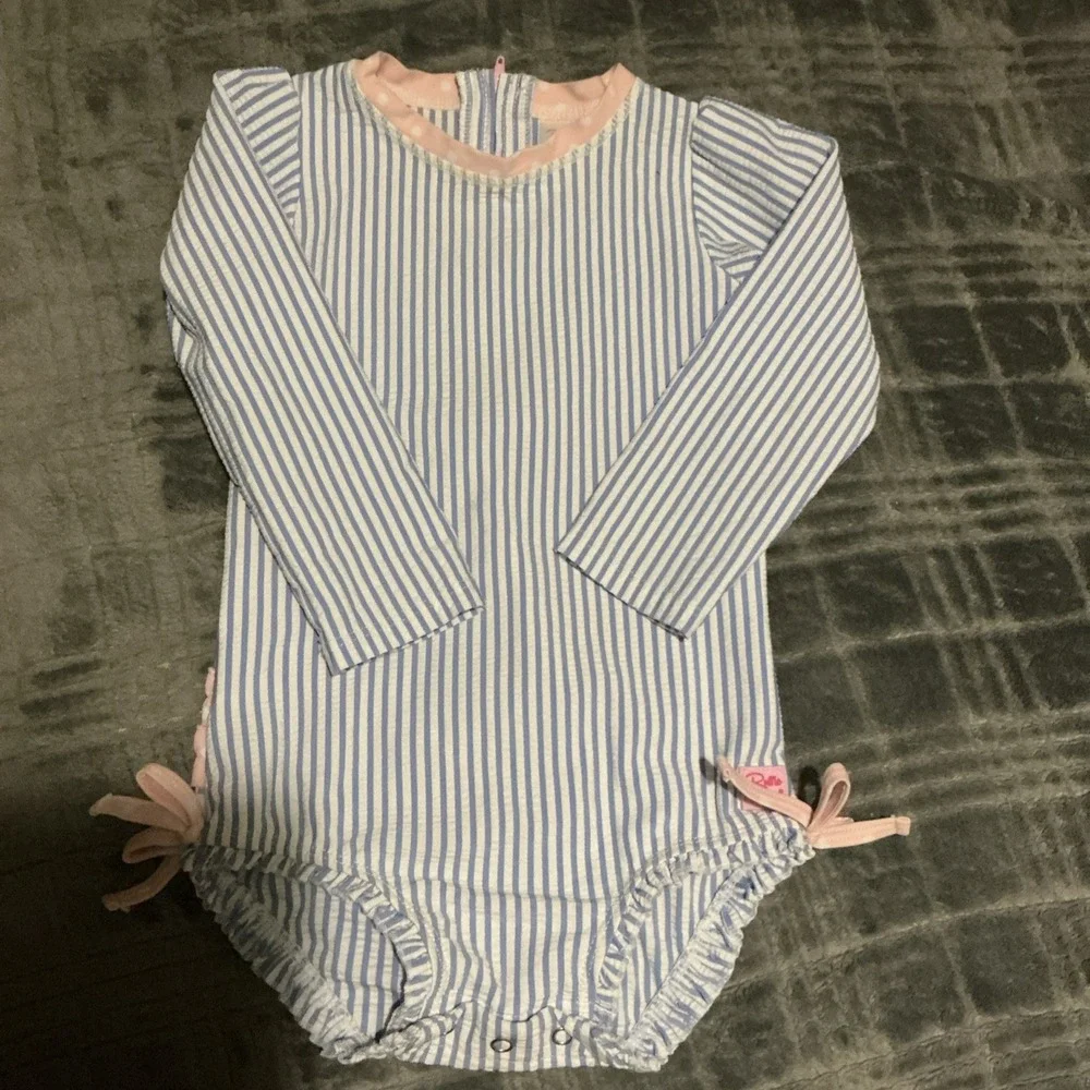RuffleButts Baby Swimsuit 2T Blue/White/Pink Striped Long Sleeve One‑Piece - Picture 1 of 4